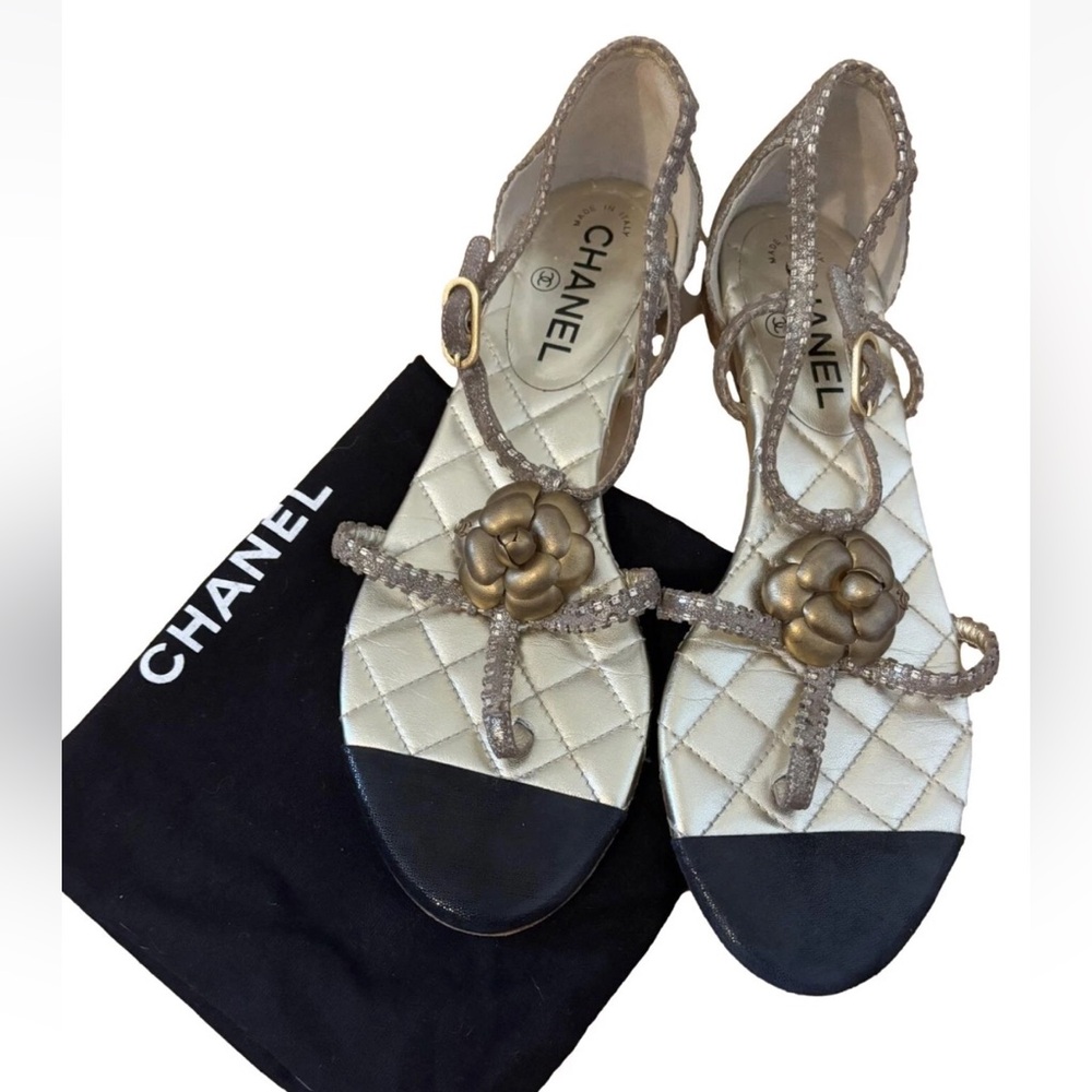 Chanel Leather Sandals with Gold Camellia